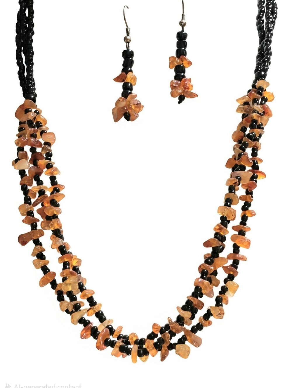 Carnelian Chip & Multi Strand Black Seed Bead Necklace And Earring Set